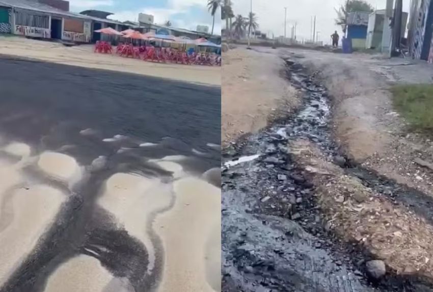 Produto asfáltico provoca mancha em trecho da Praia da Costa na Barra dos Coqueiros