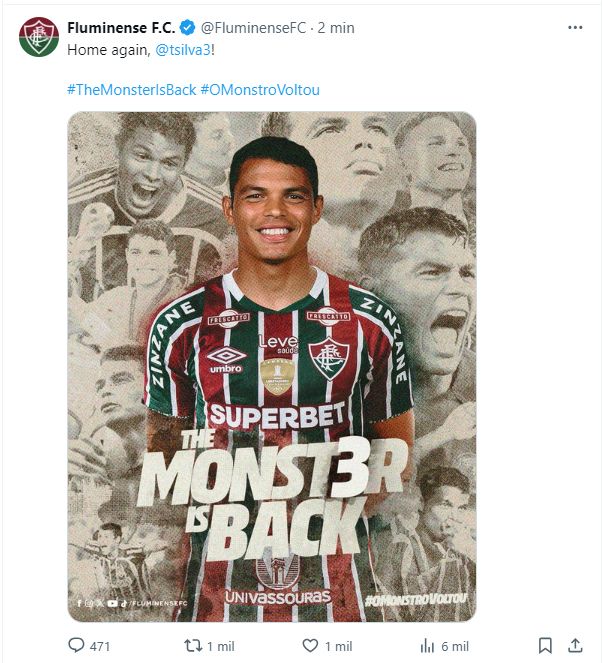 Fluminense anuncia o retorno de Thiago Silva
